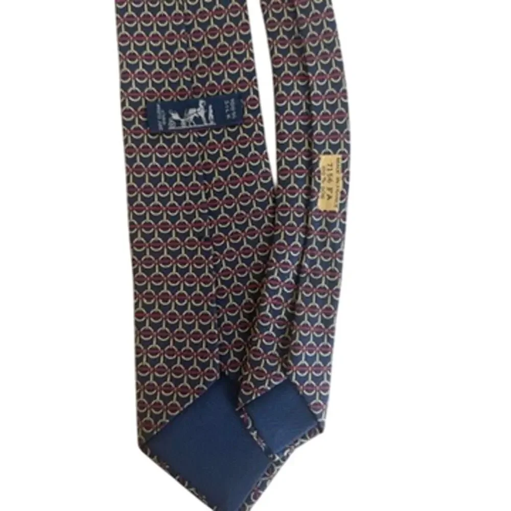 HERMÈS Paris Silk Tie Navy Geometric Horsebit‎ Print 7156 FA Made in France